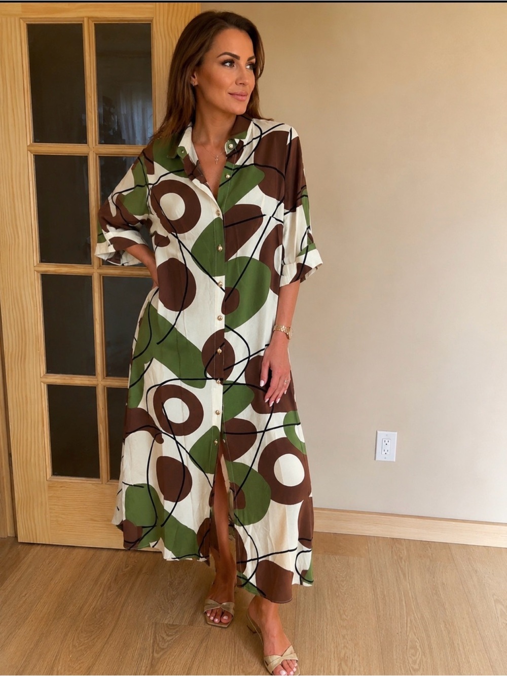 Glamour Green Brown Cream Abstract Button-Front Maxi Dress